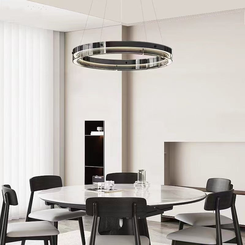 Elegant Black Glass Dimmable LED Ring - shaped Pendant Chandelier for Stunning Lighting Decor