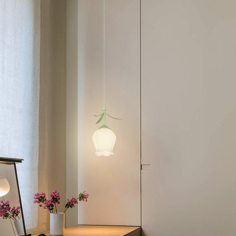 Bell Orchid Flowers Pendant Light , 3-Step Dimming, Green Modern Design for Living Room