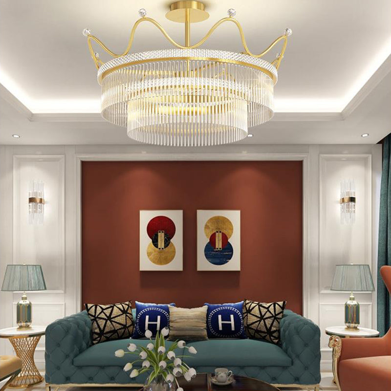 Luxury Postmodern Round Crystal Crowns Three Step Dimming Chandelier
