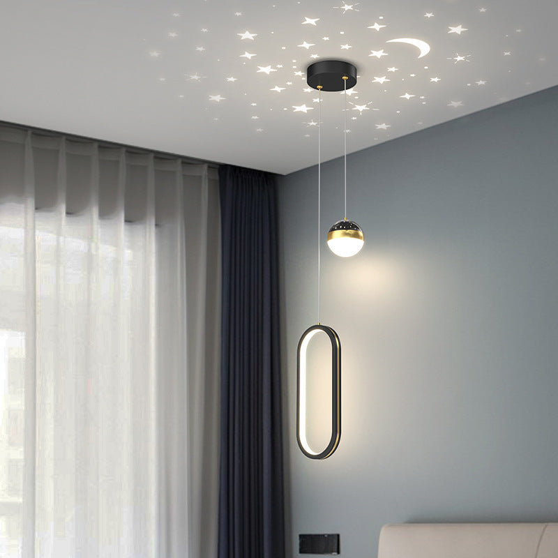 Round & Oval Rings Starry Projection Pendant Light , 3-Step Dimming Modern LED for Bedroom