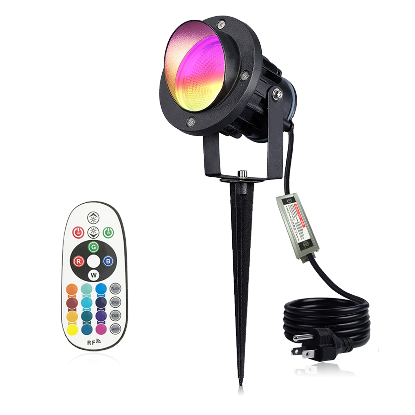 RGBW Outdoor Spotlights, 5W Color Changing Landscape Lights with Remote Control, 16 Colors 4 Modes, IP67 Waterproof Garden Lights for Yard, Lawn, Pathway, Holiday & Christmas Decor, 110V
