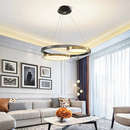 Multi-Ring Circular LED Chandelier,Brass & Pearl Black Suspension Hanging Lights