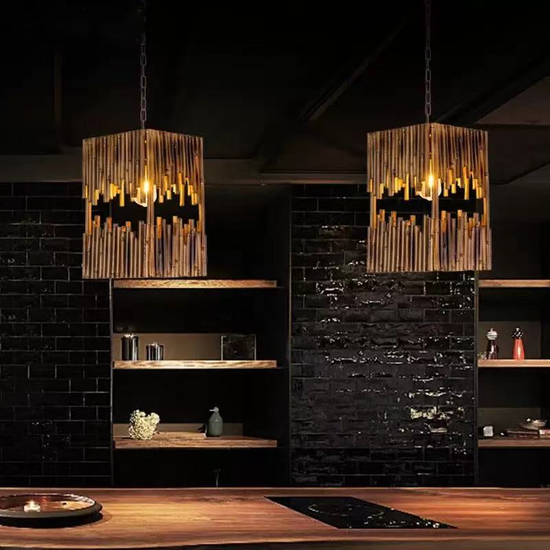 1-Light Retro Bamboo Tube Cuboid Suspension Pendant Lamp