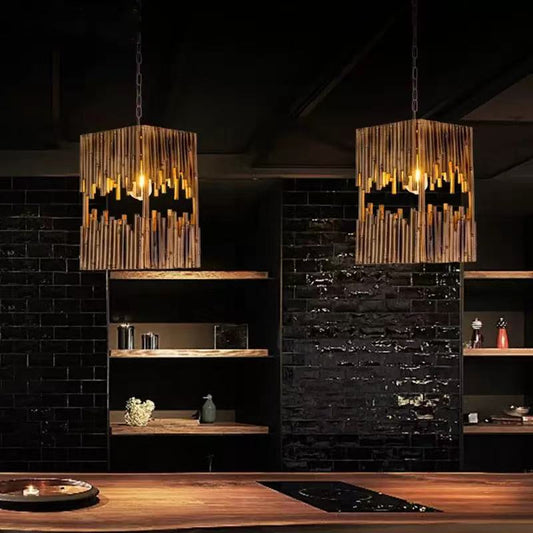 1-Light Retro Bamboo Tube Cuboid Suspension Pendant Lamp