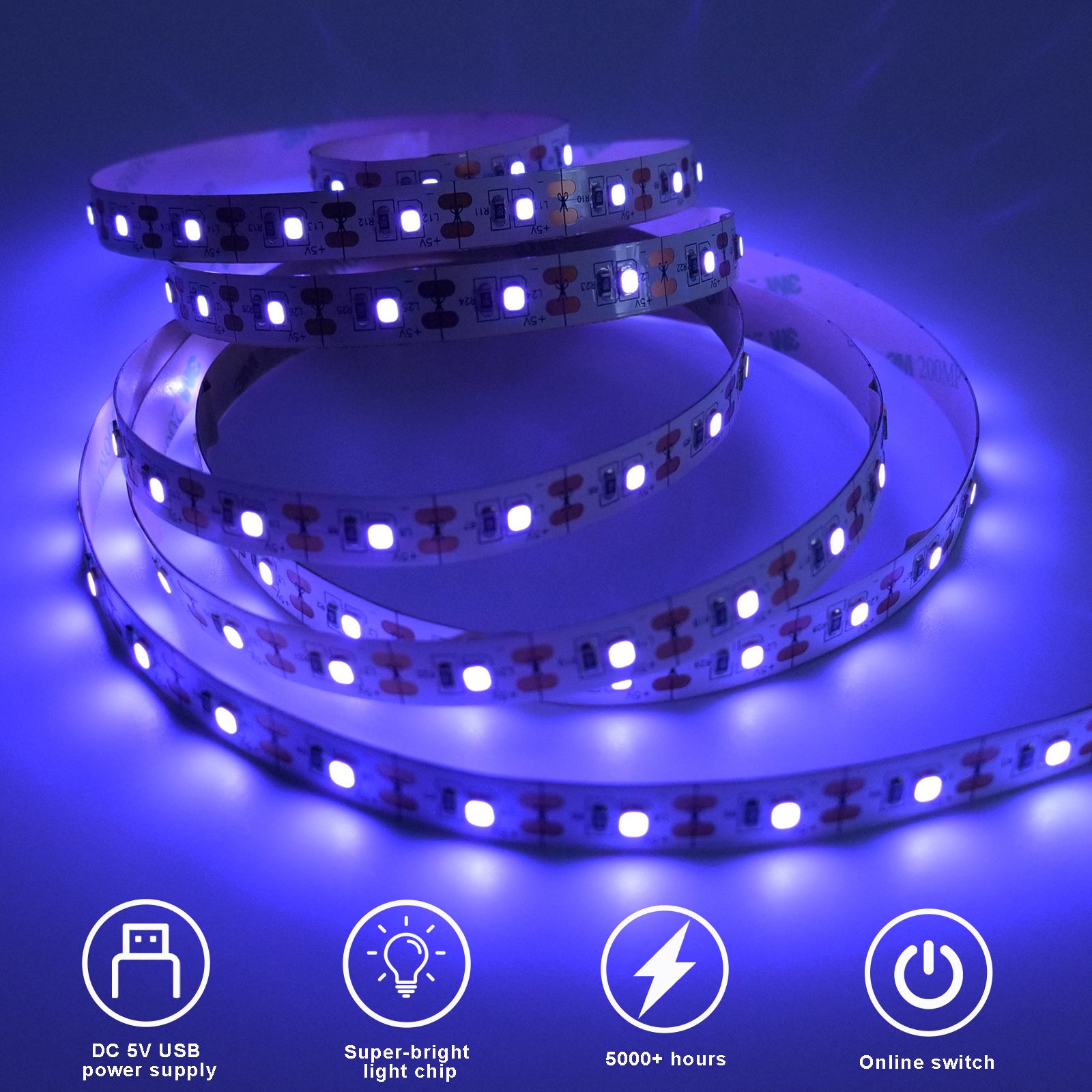 6.6FT UV Light Strip,120 LEDs Black Light LED Strip with Switch,Powered by USB,5V UV LED Strip Lights for TV Backlight, Halloween, Body Paint & Vaseline Glass Illumination