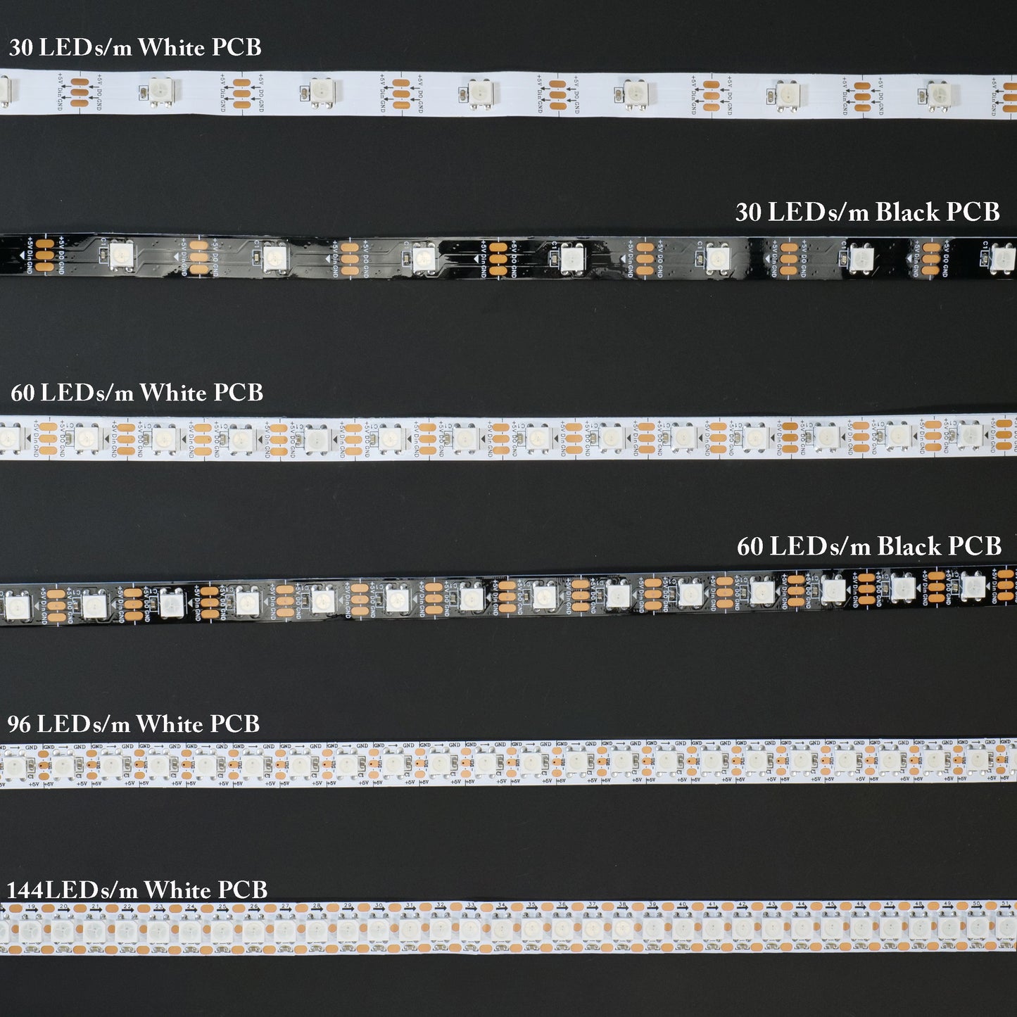 WS2812 RGB LED Pixel Strip 5050SMD Pure Gold Plated ,Flexible Full Color, DC 5V, 30-144 Pixels/Meter Optional