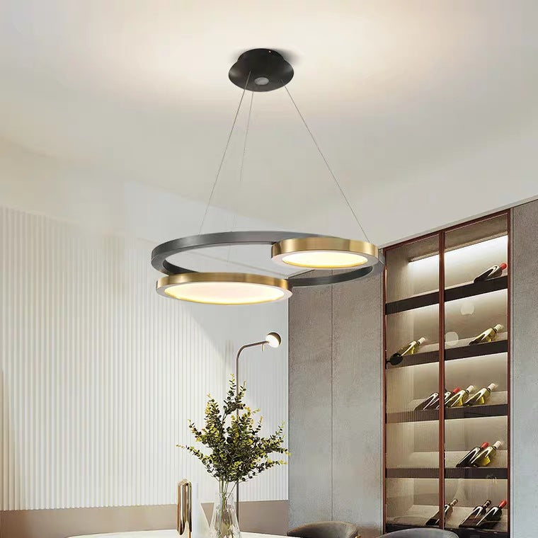 Multi-Ring Circular LED Chandelier,Brass & Pearl Black Suspension Hanging Lights