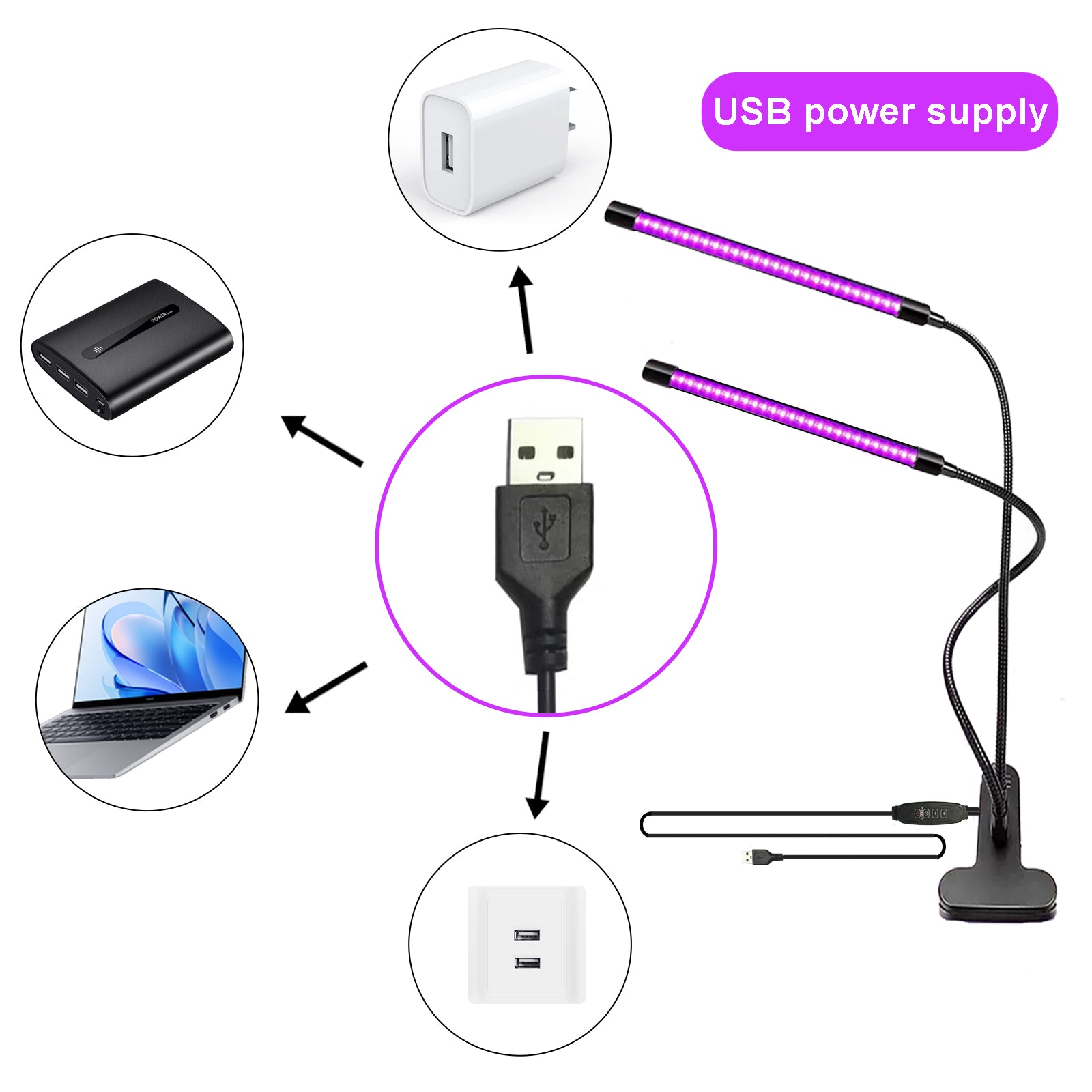 395–400nm UV LED Light, Dual Head Clip On Black Light with 10-Level Dimmable Brightness & 4 Timer Modes, USB Powered Black Lamp for Resin, UV Glue, Gel Nail Polish, Fluorescent Paint Party