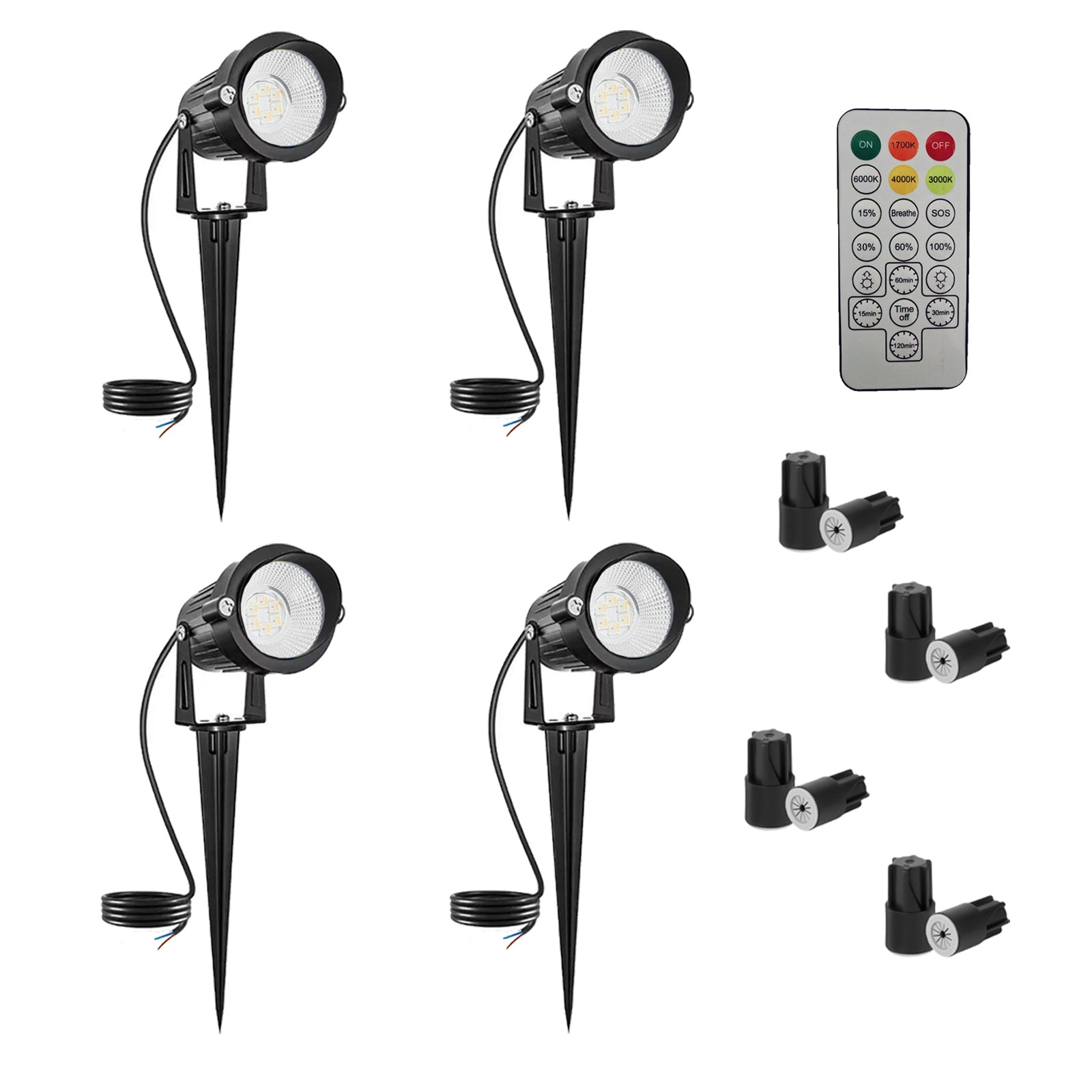 4-Pack LED Landscape Spotlights, Aluminum System, 12V Low Voltage, IP67 Waterproof, 1700K-6000K Warm White Dimmable, RF Remote Control, 270° Adjustable, Suitable for Gardens, Lawns, Terraces, Steps