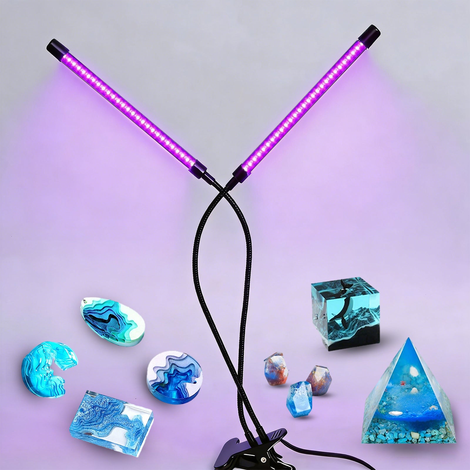 395–400nm UV LED Light, Dual Head Clip On Black Light with 10-Level Dimmable Brightness & 4 Timer Modes, USB Powered Black Lamp for Resin, UV Glue, Gel Nail Polish, Fluorescent Paint Party