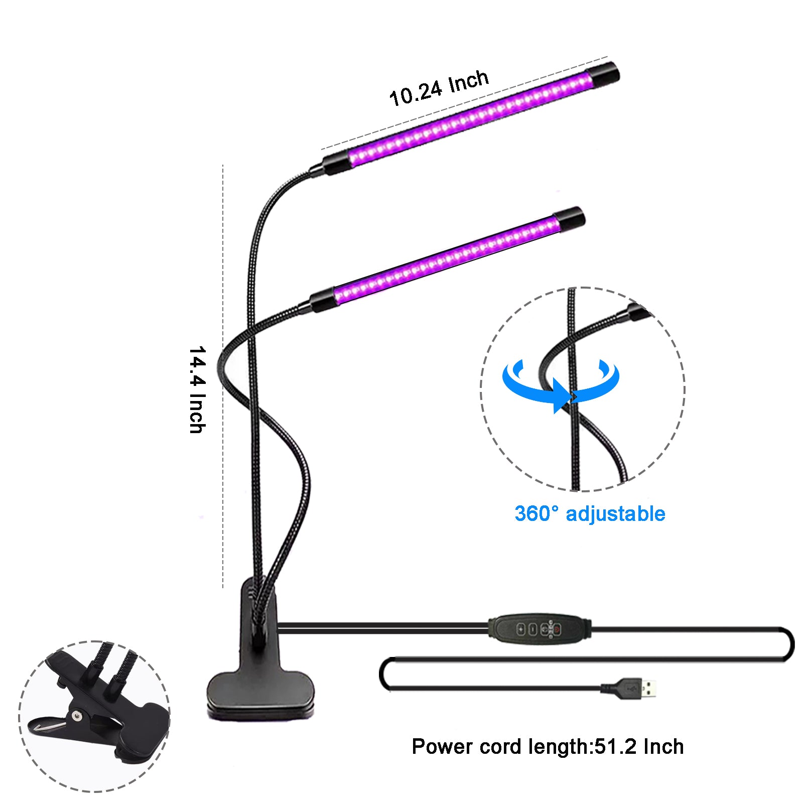 395–400nm UV LED Light, Dual Head Clip On Black Light with 10-Level Dimmable Brightness & 4 Timer Modes, USB Powered Black Lamp for Resin, UV Glue, Gel Nail Polish, Fluorescent Paint Party