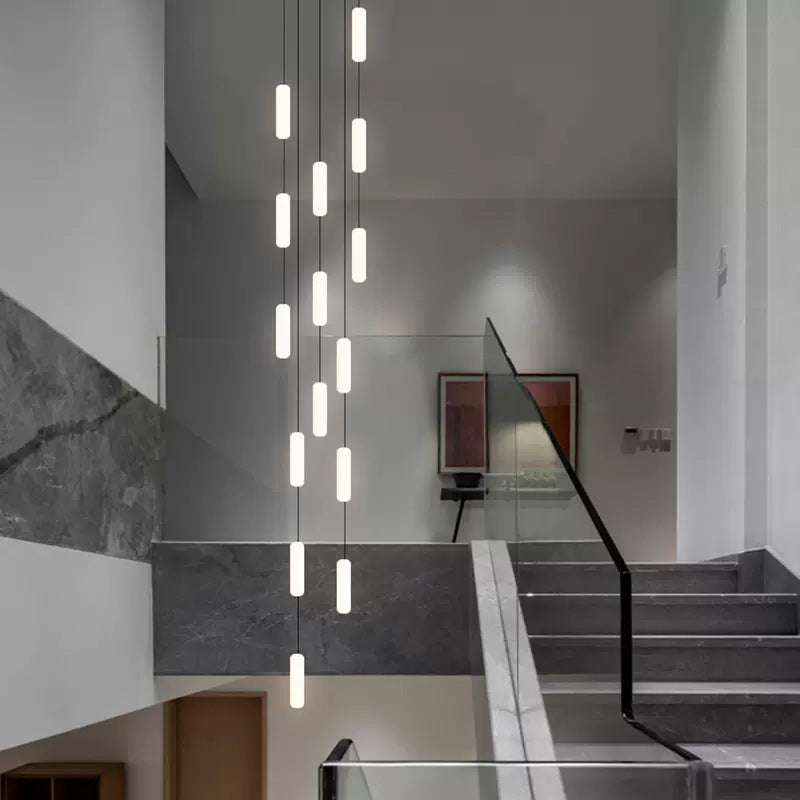 White Long Tube Multi-Light Staircase Chandelier – Sleek Linear Design for Stairwell Illumination
