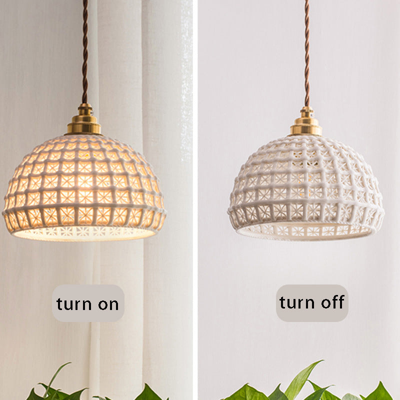 Ceramic & Copper Pendant Light - Modern Semi-Globe Hanging Lamp for Dining Room