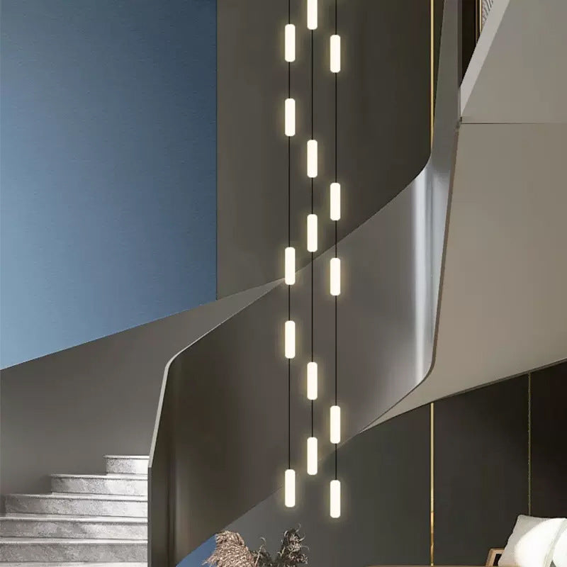 White Long Tube Multi-Light Staircase Chandelier – Sleek Linear Design for Stairwell Illumination