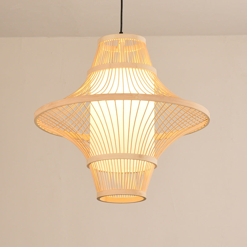 Bamboo Pendant Light - Dual Cone Natural Rattan Ceiling Fixture