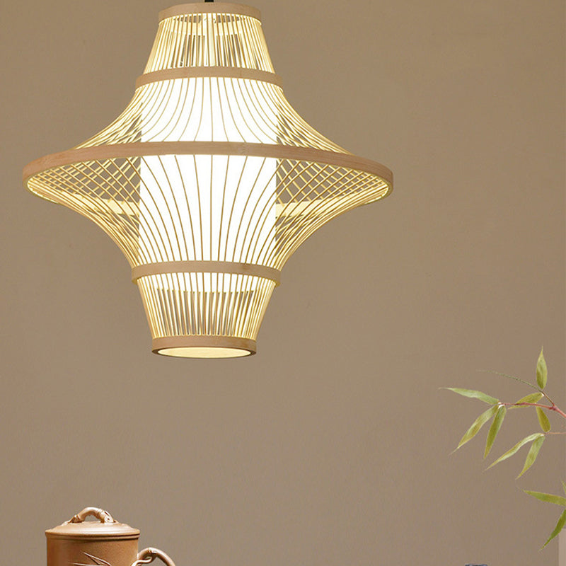 Bamboo Pendant Light - Dual Cone Natural Rattan Ceiling Fixture