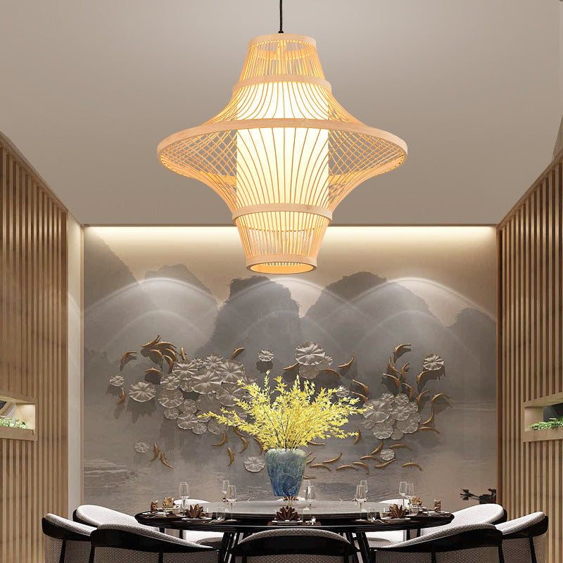 Bamboo Pendant Light - Dual Cone Natural Rattan Ceiling Fixture