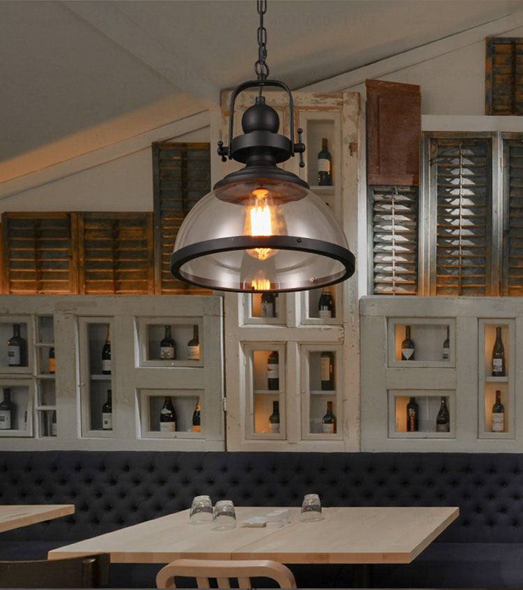 Retro Industrial Pendant Light - Wrought Iron & Antique Glass Hanging Lamp for Farmhouse Dining Room