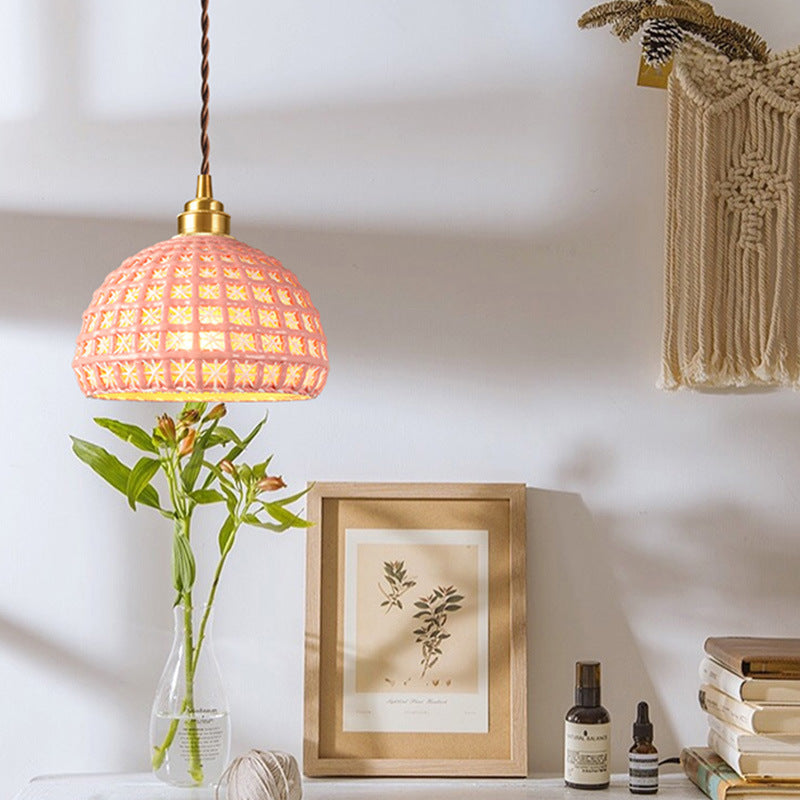 Ceramic & Copper Pendant Light - Modern Semi-Globe Hanging Lamp for Dining Room