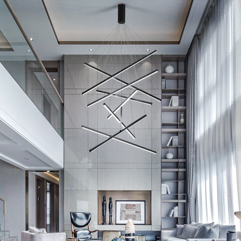 Modern Black LED Strip Chandelier - Minimalist Stepless Dimming Ceiling Light with Remote Control