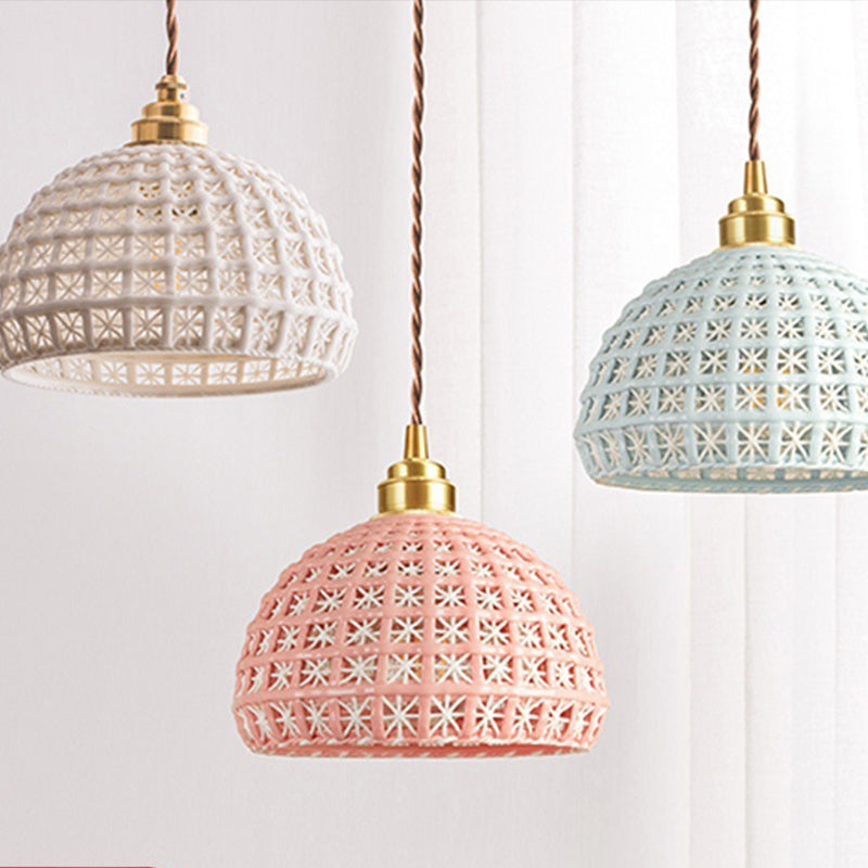 Ceramic & Copper Pendant Light - Modern Semi-Globe Hanging Lamp for Dining Room