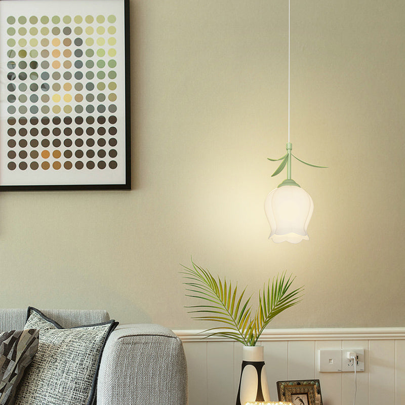Bell Orchid Flowers Pendant Light , 3-Step Dimming, Green Modern Design for Living Room