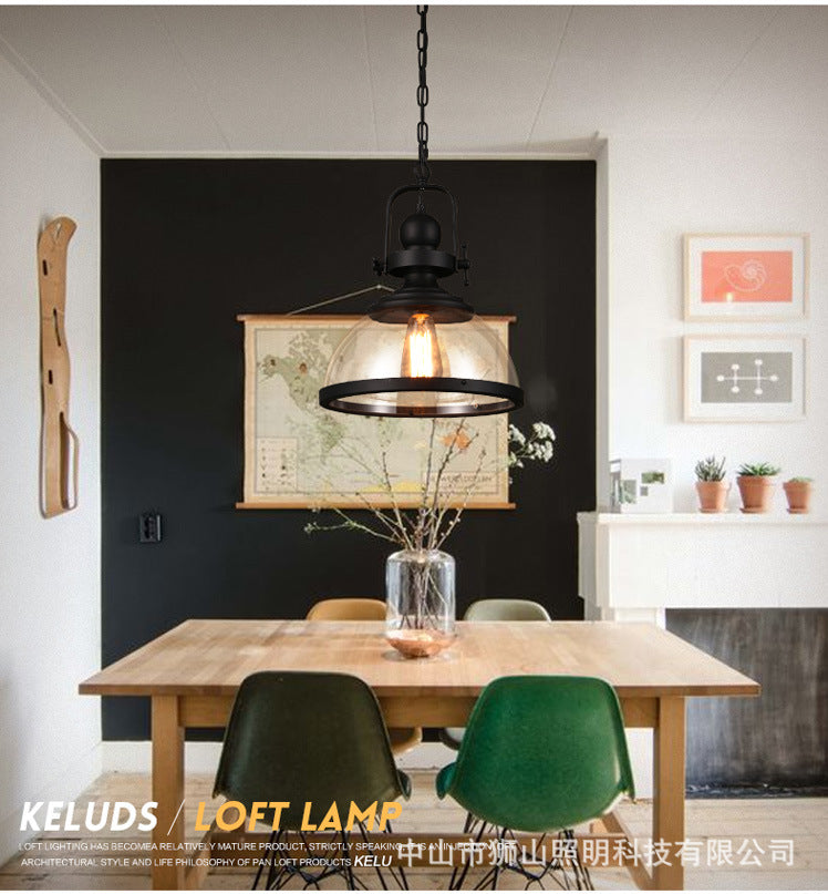 Retro Industrial Pendant Light - Wrought Iron & Antique Glass Hanging Lamp for Farmhouse Dining Room