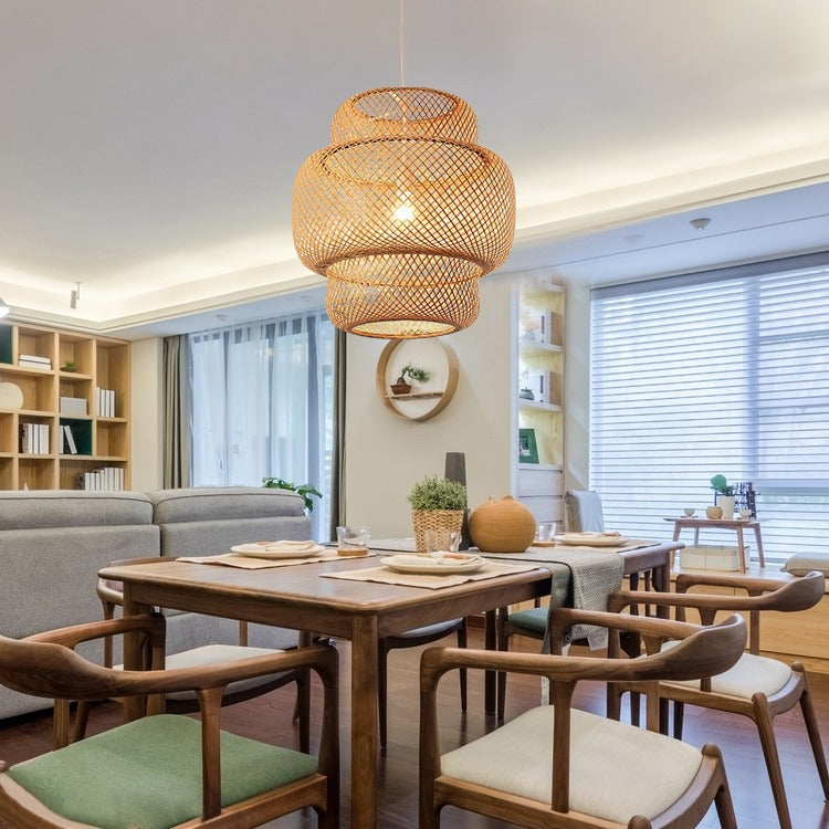 Rustic 3-Tiered Bamboo Woven Pendant – Single Cylinder Living Room Light