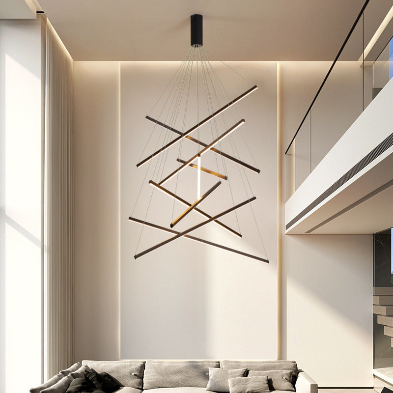 Modern Black LED Strip Chandelier - Minimalist Stepless Dimming Ceiling Light with Remote Control