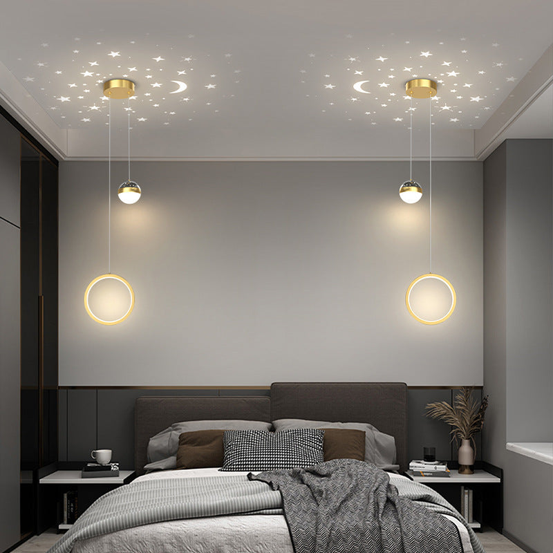 Round & Oval Rings Starry Projection Pendant Light , 3-Step Dimming Modern LED for Bedroom