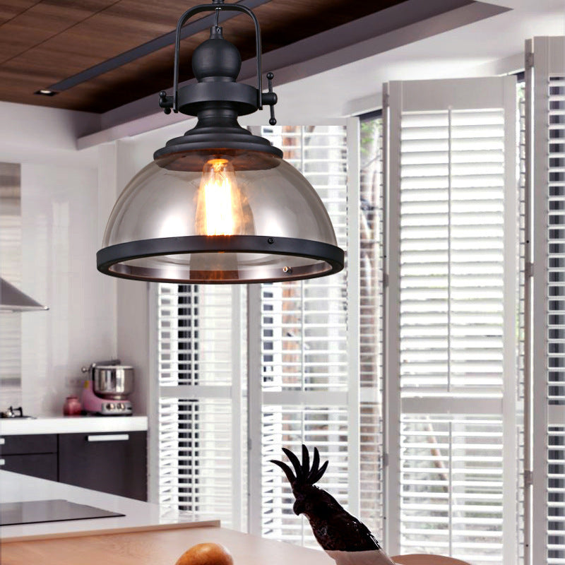 Retro Industrial Pendant Light - Wrought Iron & Antique Glass Hanging Lamp for Farmhouse Dining Room