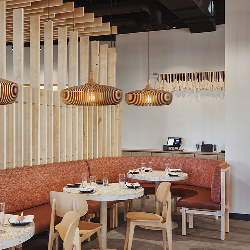 1-Light Japanese Wood Cage Pendant Light , Traditional Style for Indoor Decor