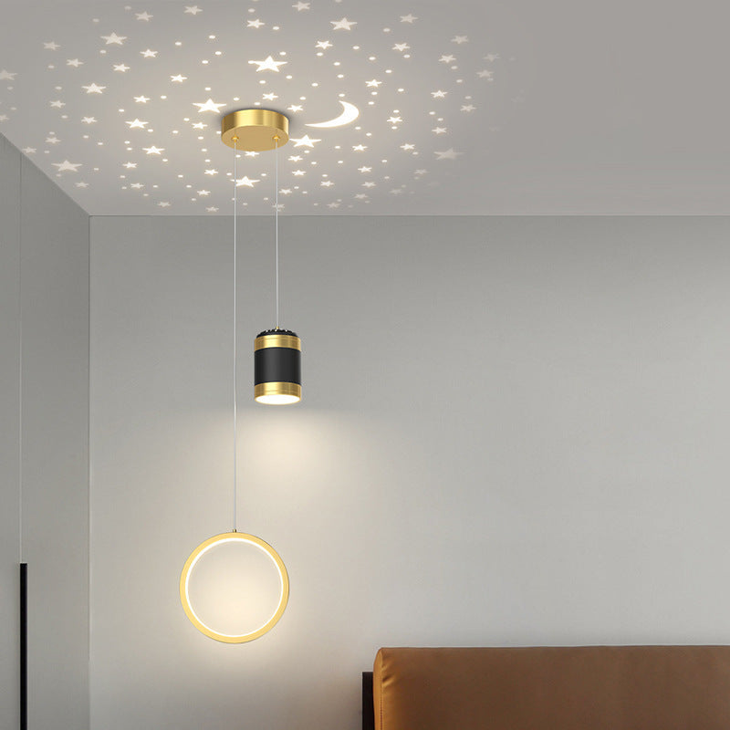 Creative Starry Projection Ring Pendant Light - 3-Step Dimming Modern LED for Bedroom