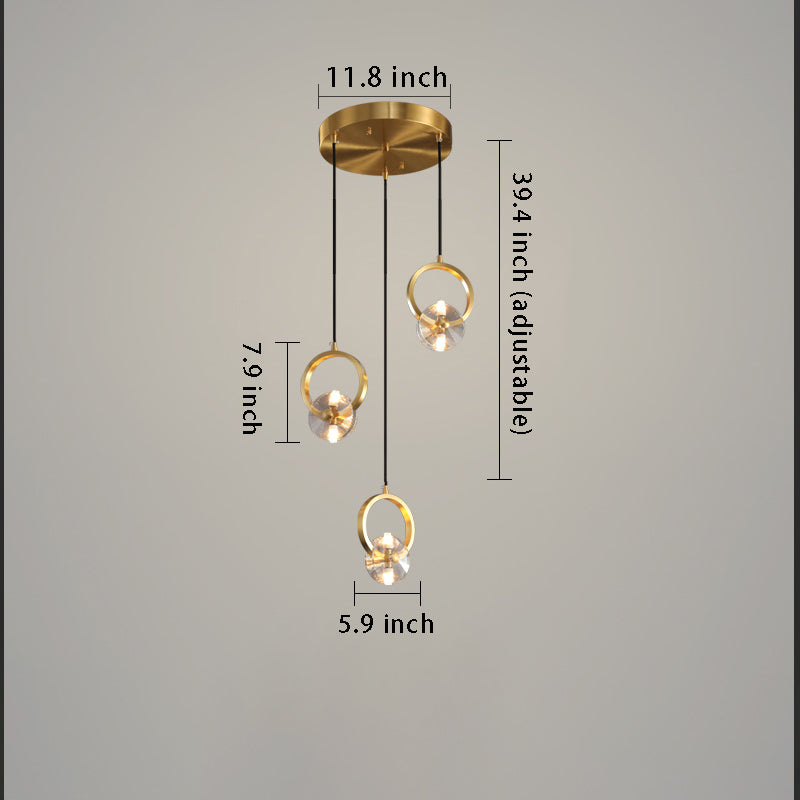 1/3-Light Round Copper Pendant Light - Crystal LED Design