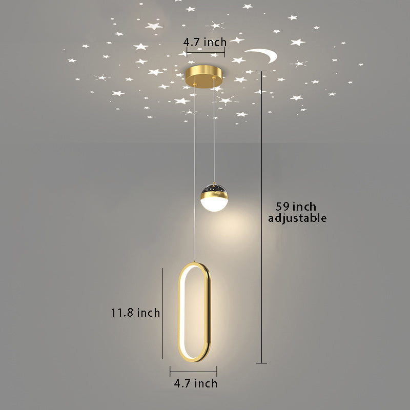 Round & Oval Rings Starry Projection Pendant Light , 3-Step Dimming Modern LED for Bedroom