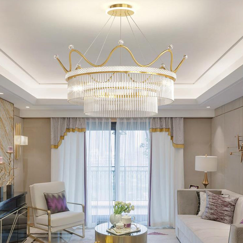 Luxury Modern Double Layer Glass Crystal Crowns 3 Step Dimming Chandelier
