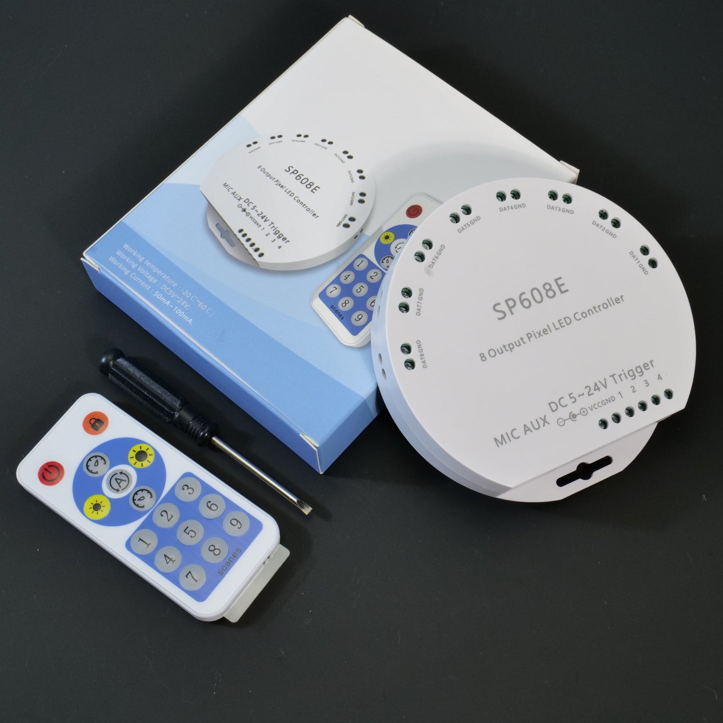 SP608E 8CH Signal Output Music LED Controller - Bluetooth App (IOS/Android), Built-In Mic, DC5V-24V for WS2812B/WS2811/WS2815 Strips