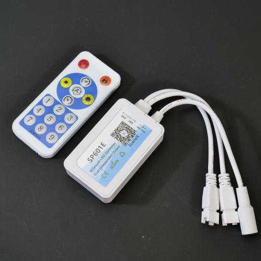 SP601E Bluetooth Music LED Controller - Built-In Mic, Dual Signal Output, 3 Key Button/RF Remote/BanlanX App (IOS/Android) for WS2812B/WS2811/UCS1903 Pixel Strips