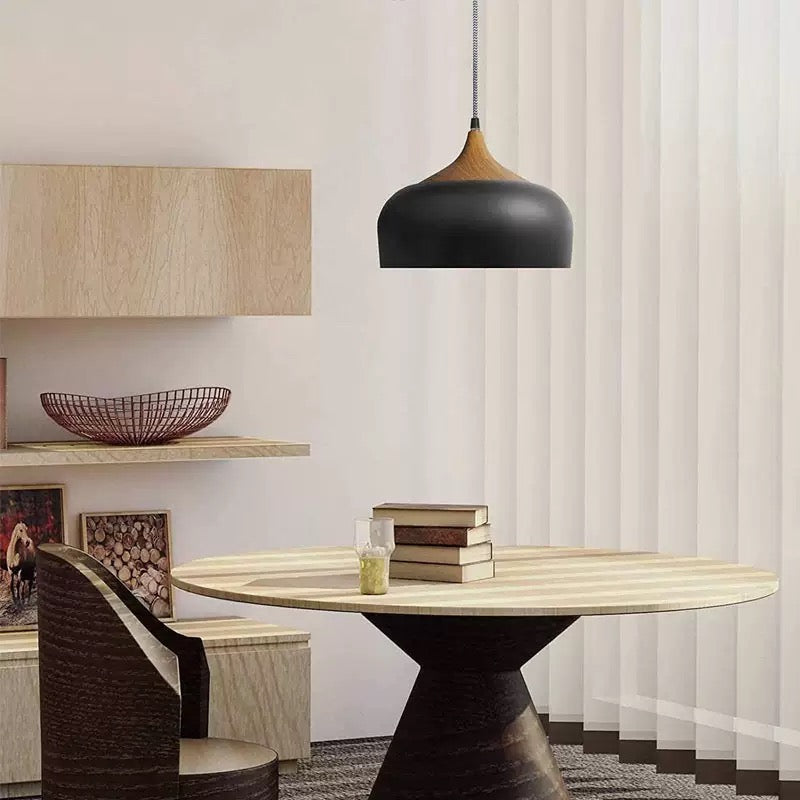 Modern 1-Light Dome Pendant Light with Wood Detail , Ideal for Island