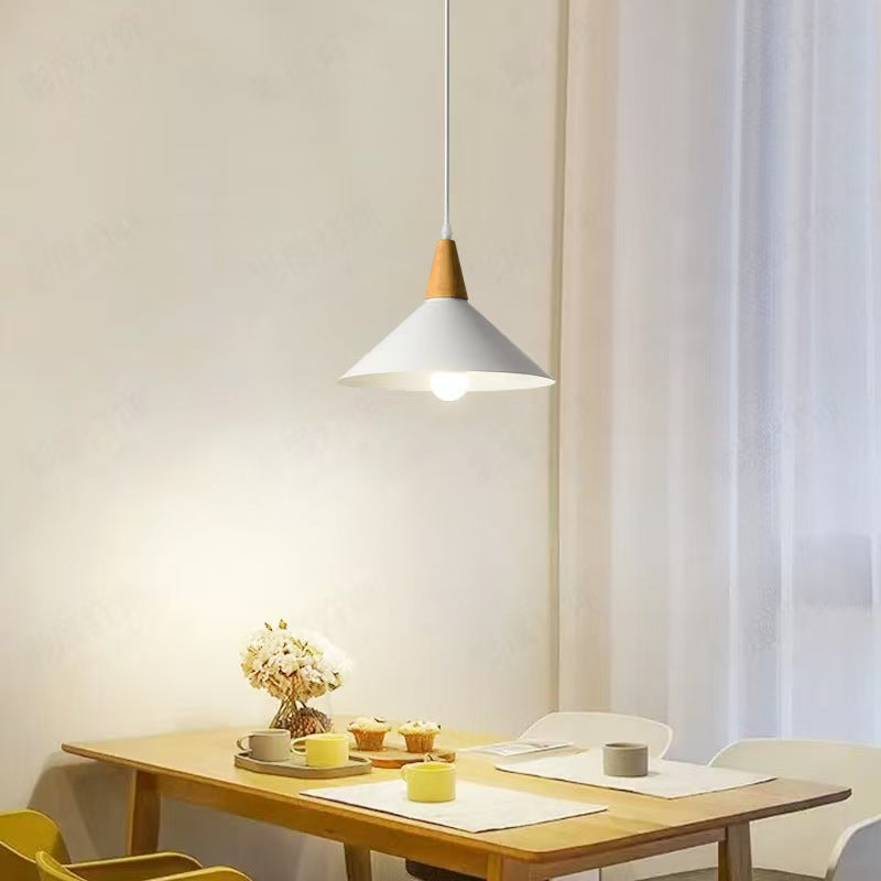 White 1-Light Nordic Metal Cone Pendant Light with Wood Top 丰富标题英语