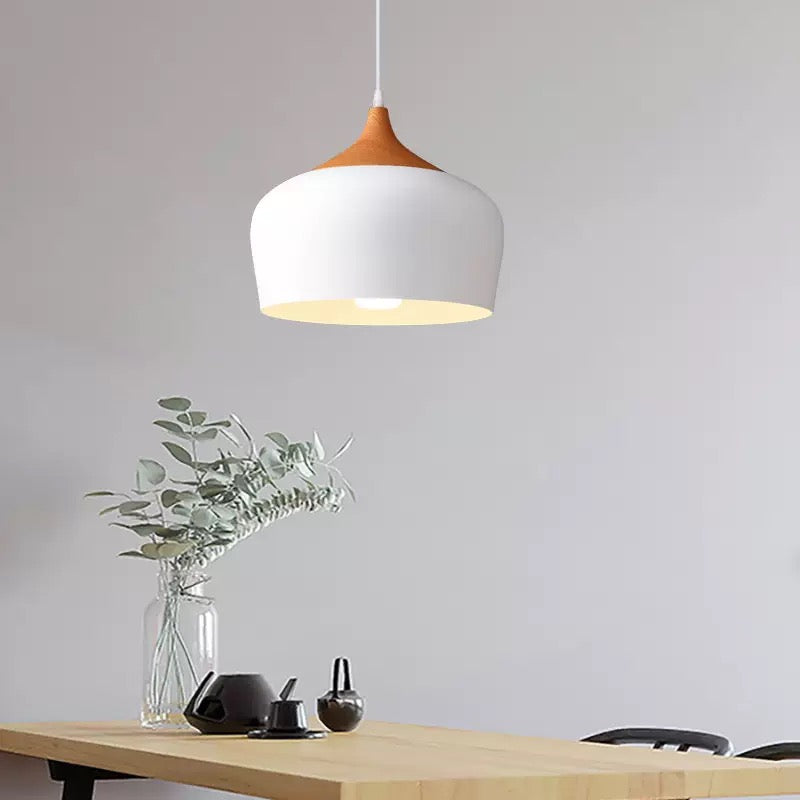 Modern 1-Light Dome Pendant Light with Wood Detail , Ideal for Island